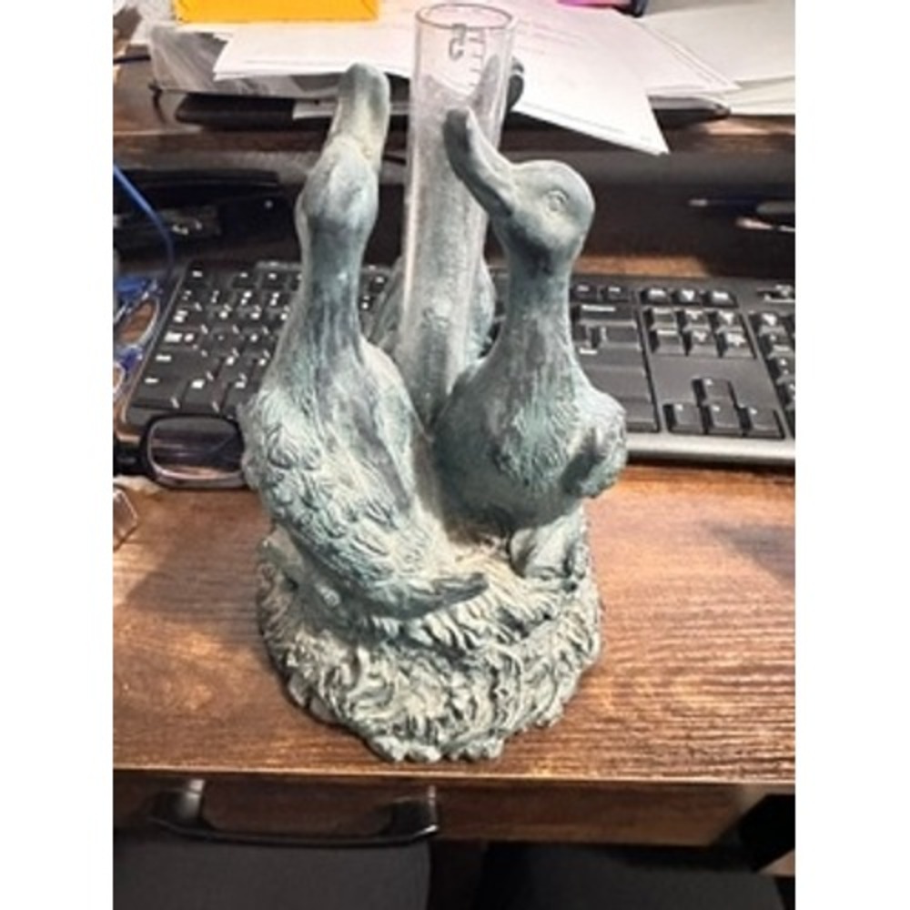 Hen-Feathers Duck Rain Gauge Garden Statue Blue Green Excellent Verdigris Finish